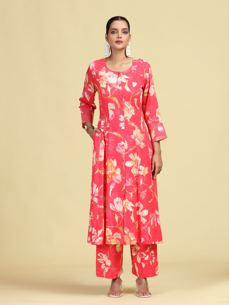 Rani Pink Floral Printed Stylish A-Line Co-Ord Set
