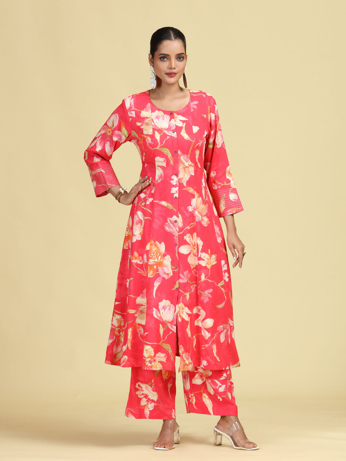 Rani Pink Floral Printed Stylish A-Line Co-Ord Set