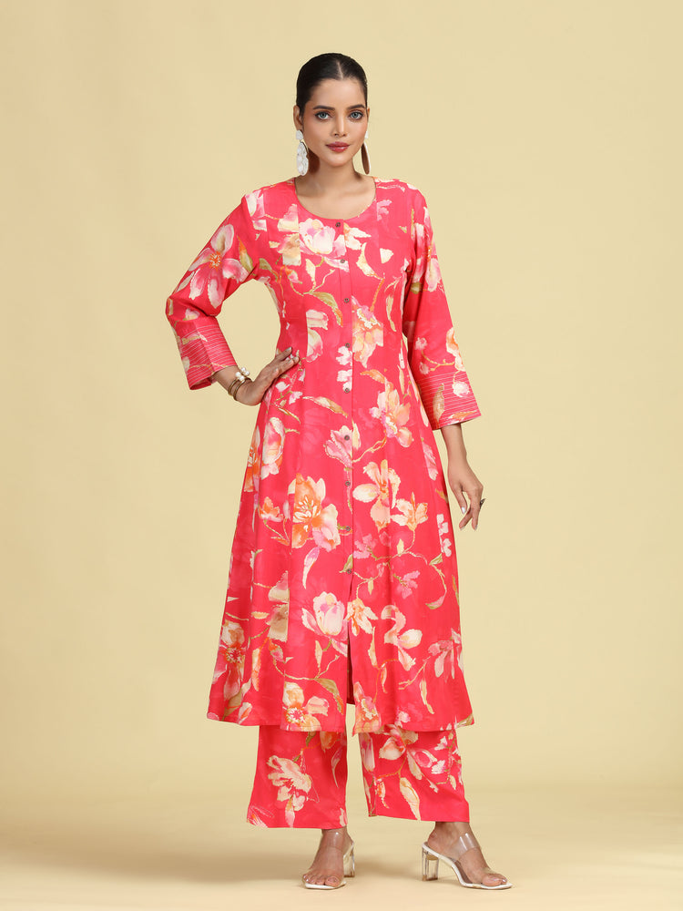 Rani Pink Floral Printed Stylish A-Line Co-Ord Set