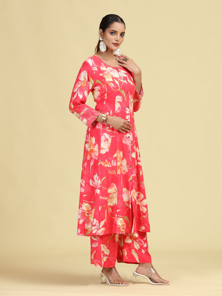 Rani Pink Floral Printed Stylish A-Line Co-Ord Set