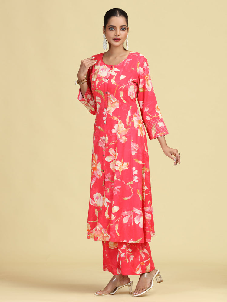 Rani Pink Floral Printed Stylish A-Line Co-Ord Set