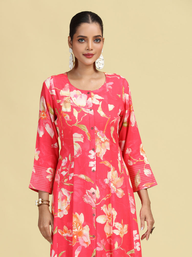 Rani Pink Floral Printed Stylish A-Line Co-Ord Set