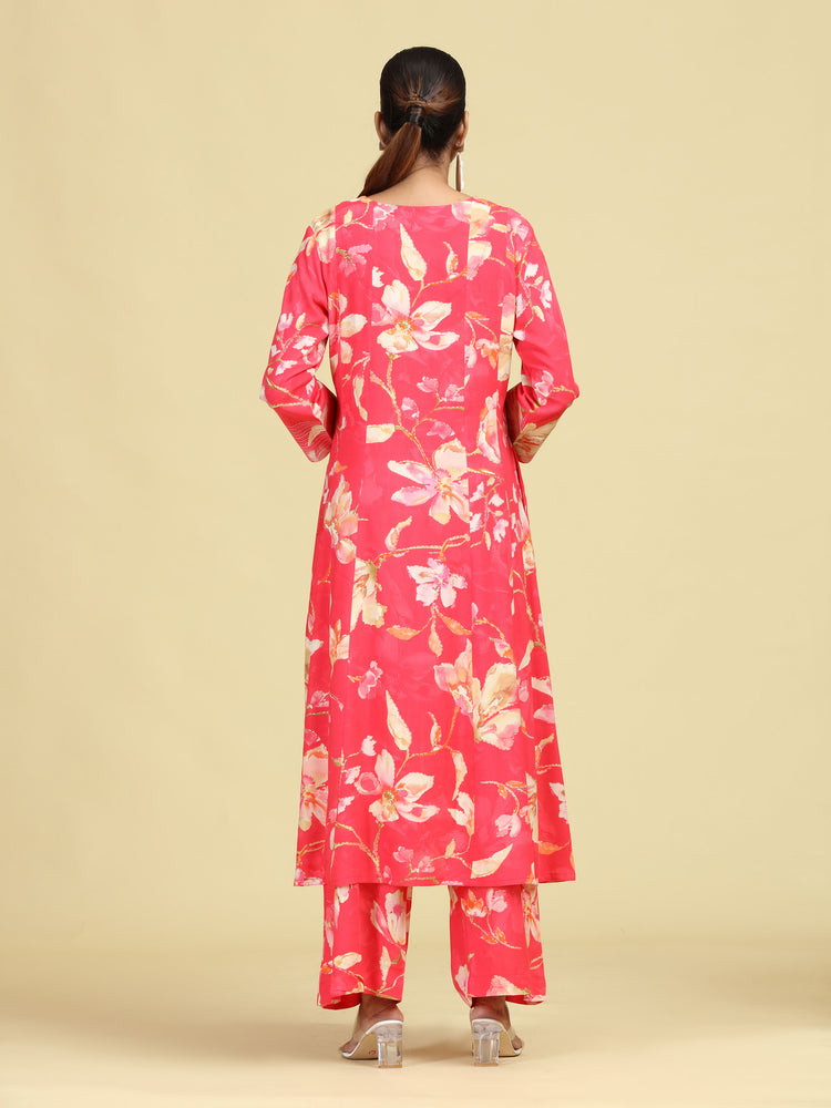 Rani Pink Floral Printed Stylish A-Line Co-Ord Set