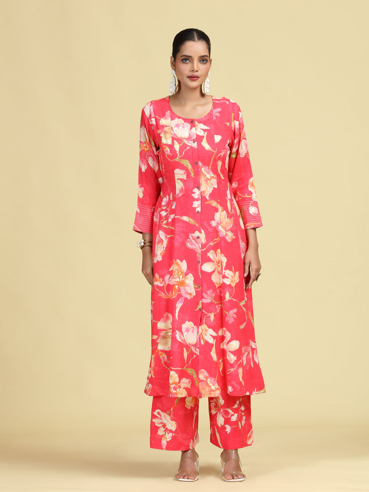 Rani Pink Floral Printed Stylish A-Line Co-Ord Set