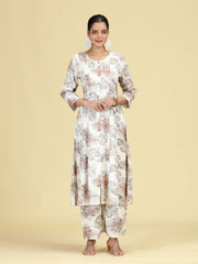 Off White Floral Printed A-Line Co-Ord Set
