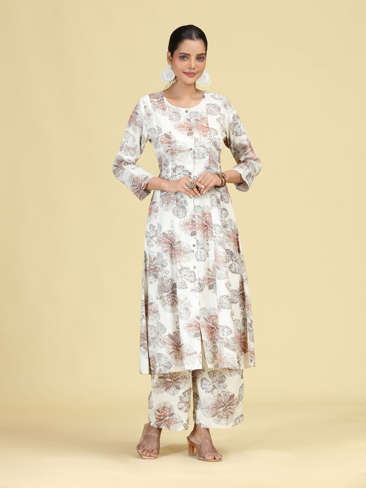 Off White Floral Printed A-Line Co-Ord Set