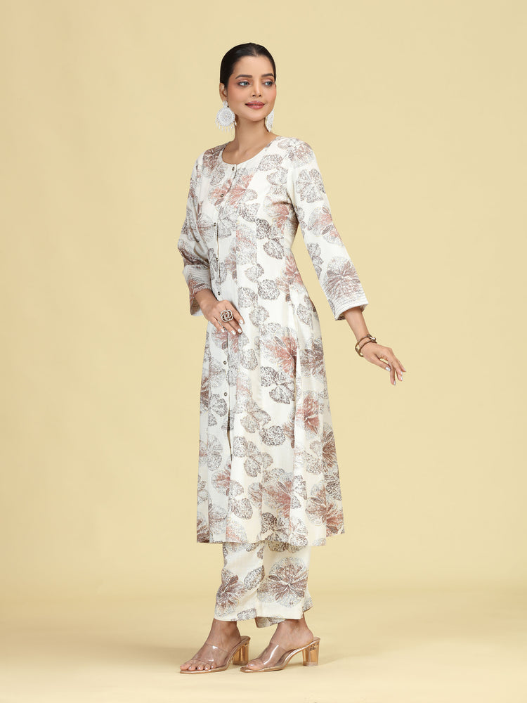 Off White Floral Printed A-Line Co-Ord Set