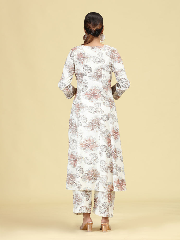 Off White Floral Printed A-Line Co-Ord Set