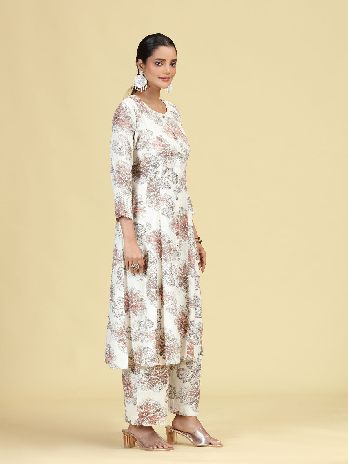 Off White Floral Printed A-Line Co-Ord Set