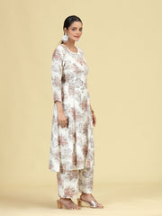 Off White Floral Printed A-Line Co-Ord Set