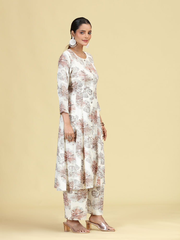 Off White Floral Printed A-Line Co-Ord Set