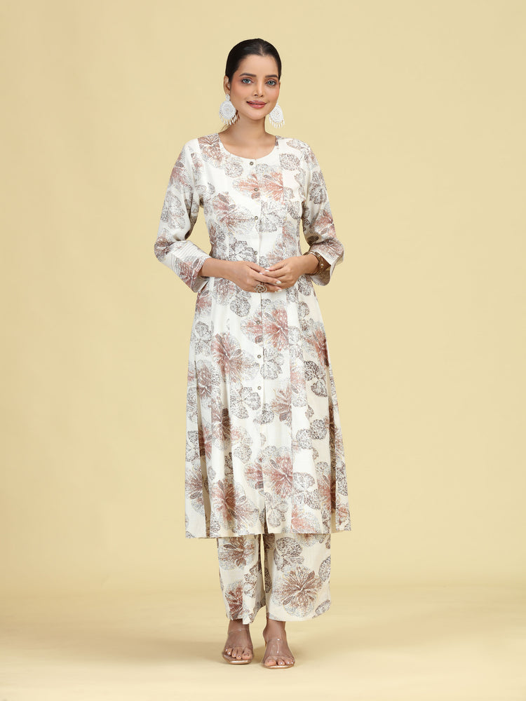 Off White Floral Printed A-Line Co-Ord Set