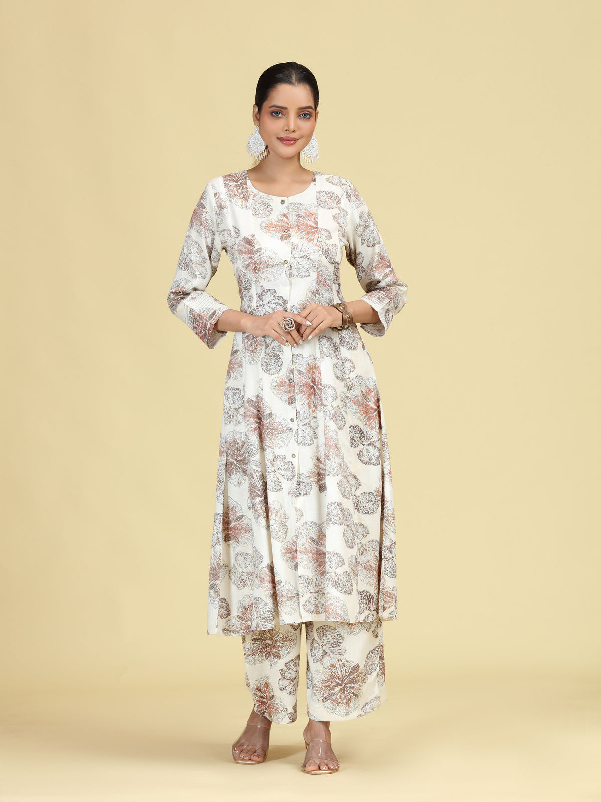 Off White Floral Printed A-Line Co-Ord Set