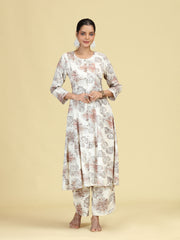 Off White Floral Printed A-Line Co-Ord Set