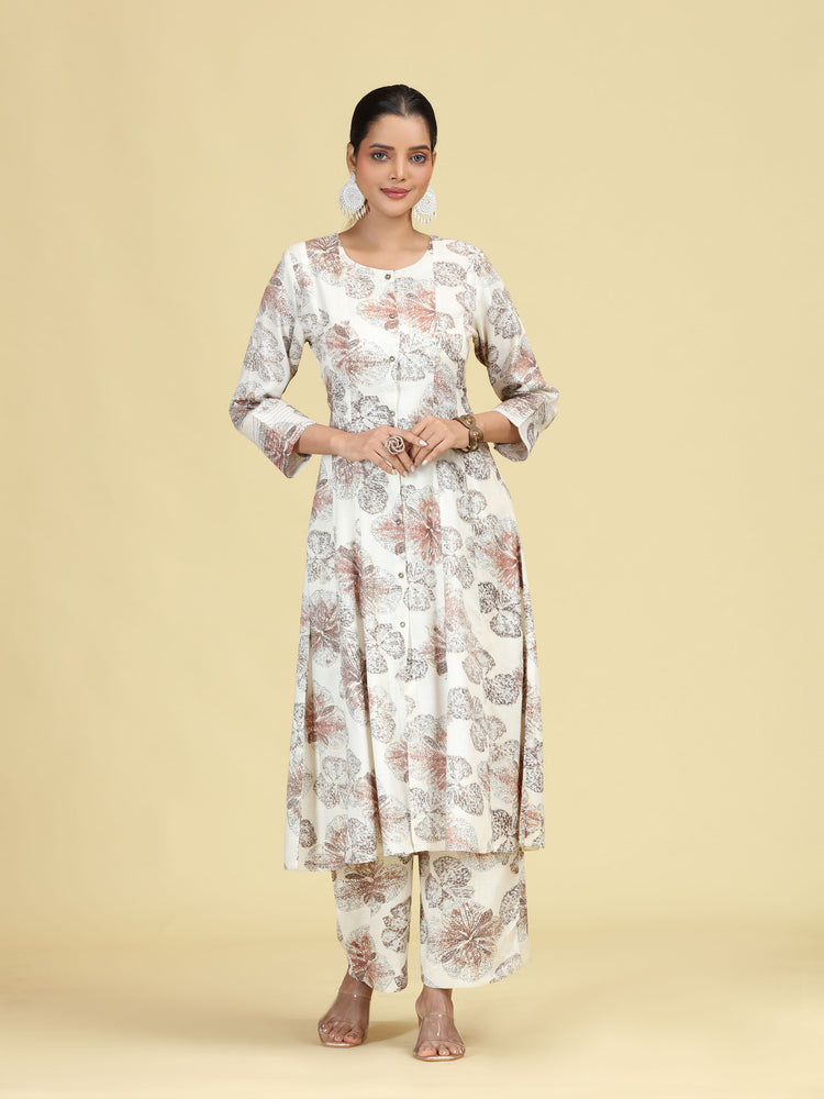 Off White Floral Printed A-Line Co-Ord Set