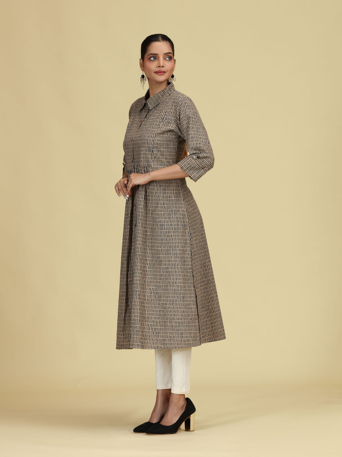 Beige Pure Cotton Printed A-Line Shirt Collar Kurta