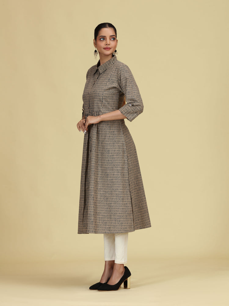 Beige Pure Cotton Printed A-Line Shirt Collar Kurta
