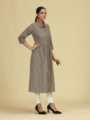 Beige Pure Cotton Printed A-Line Shirt Collar Kurta