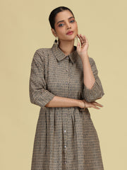 Beige Pure Cotton Printed A-Line Shirt Collar Kurta