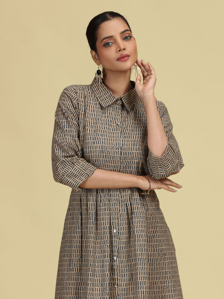 Beige Pure Cotton Printed A-Line Shirt Collar Kurta