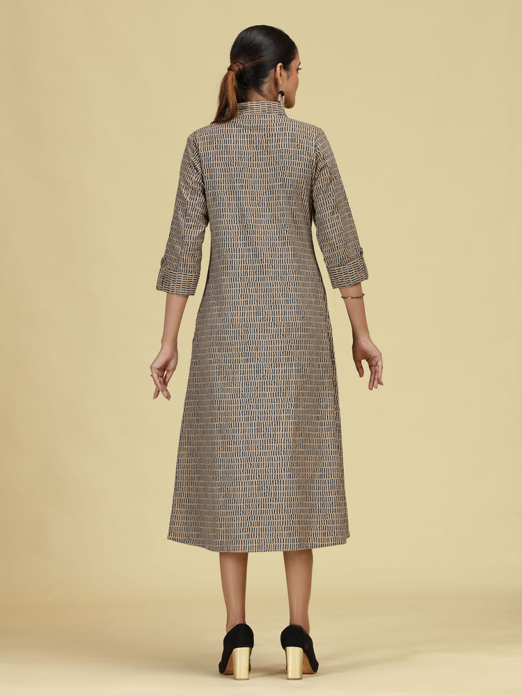 Beige Pure Cotton Printed A-Line Shirt Collar Kurta