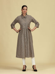 Beige Pure Cotton Printed A-Line Shirt Collar Kurta