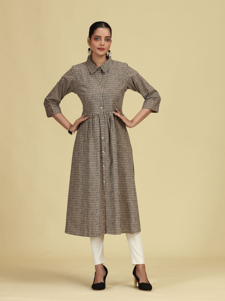 Beige Pure Cotton Printed A-Line Shirt Collar Kurta