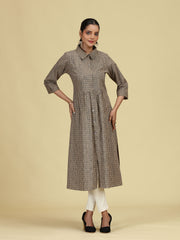 Beige Pure Cotton Printed A-Line Shirt Collar Kurta