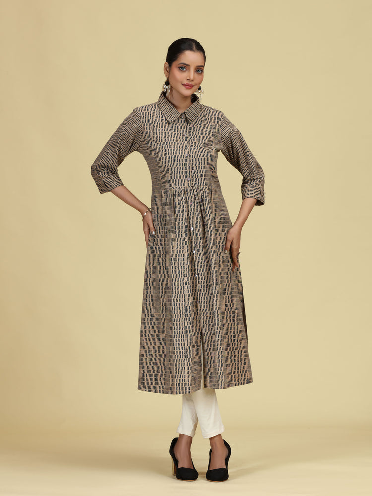 Beige Pure Cotton Printed A-Line Shirt Collar Kurta