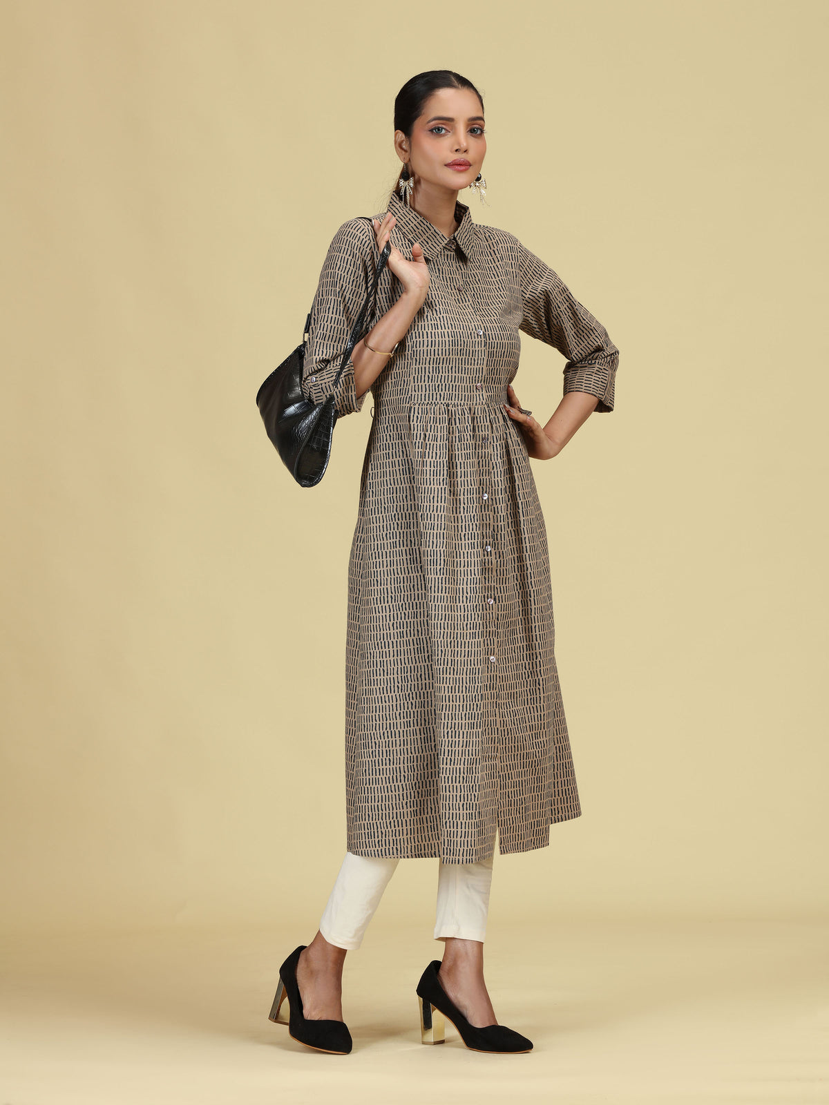 Beige Pure Cotton Printed A-Line Shirt Collar Kurta