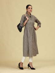 Beige Pure Cotton Printed A-Line Shirt Collar Kurta