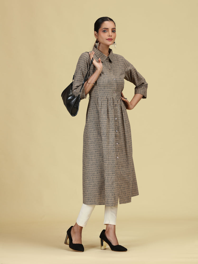 Beige Pure Cotton Printed A-Line Shirt Collar Kurta