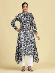 Black Floral Printed Pure Cotton High-Low A-Line Kurta
