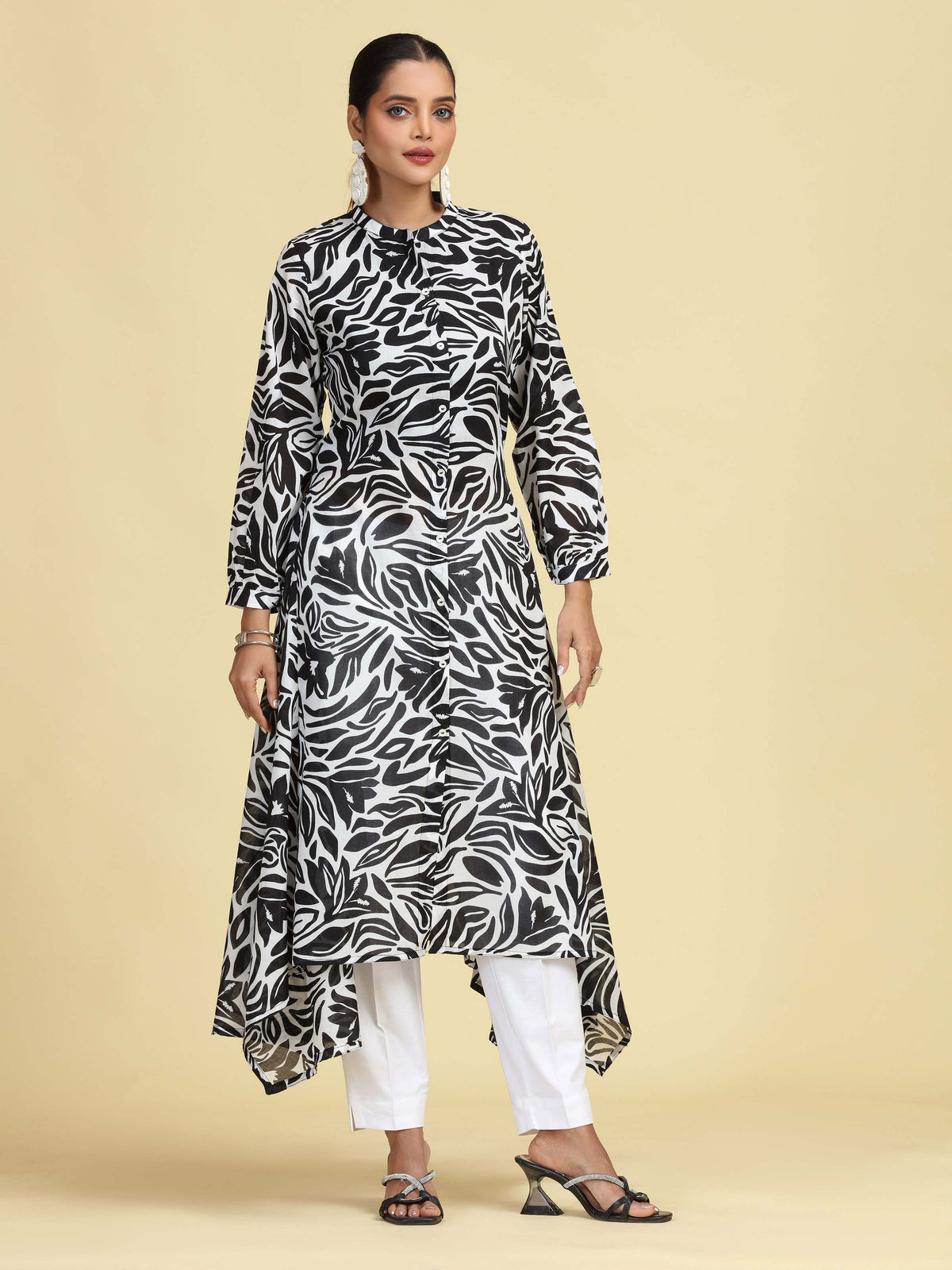 Black Floral Printed Pure Cotton High-Low A-Line Kurta