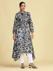 Black Floral Printed Pure Cotton High-Low A-Line Kurta