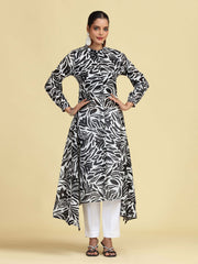 Black Floral Printed Pure Cotton High-Low A-Line Kurta