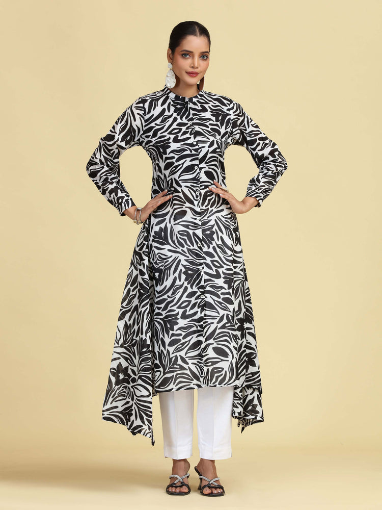 Black Floral Printed Pure Cotton High-Low A-Line Kurta