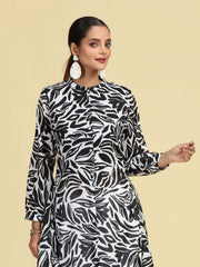 Black Floral Printed Pure Cotton High-Low A-Line Kurta