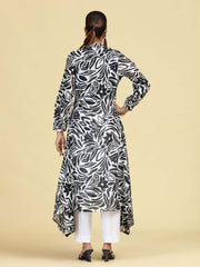 Black Floral Printed Pure Cotton High-Low A-Line Kurta