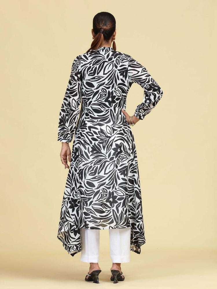 Black Floral Printed Pure Cotton High-Low A-Line Kurta