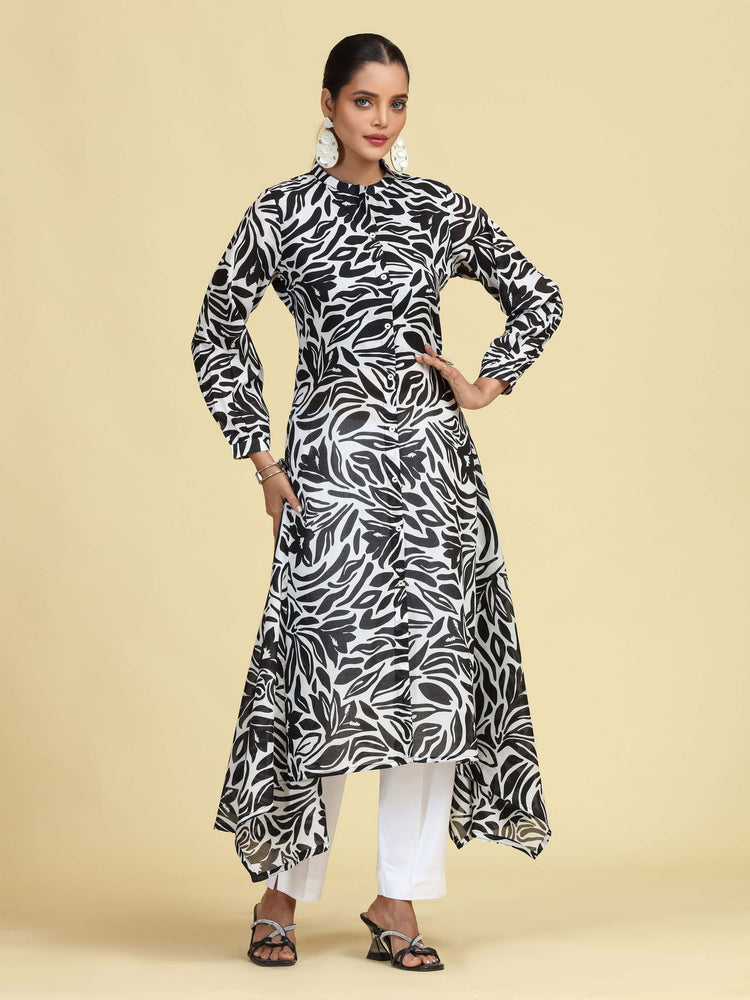 Black Floral Printed Pure Cotton High-Low A-Line Kurta