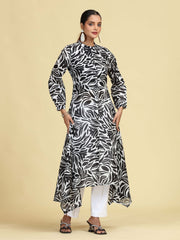 Black Floral Printed Pure Cotton High-Low A-Line Kurta