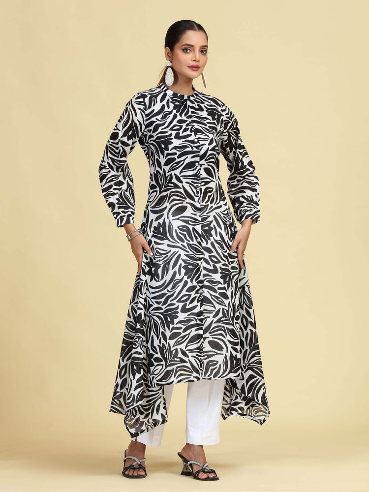 Black Floral Printed Pure Cotton High-Low A-Line Kurta