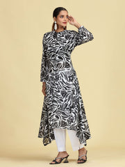 Black Floral Printed Pure Cotton High-Low A-Line Kurta