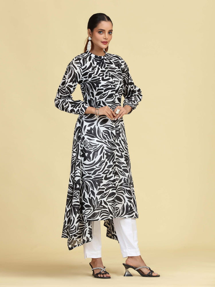 Black Floral Printed Pure Cotton High-Low A-Line Kurta