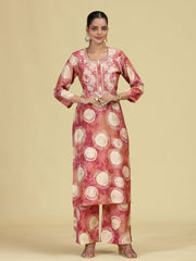 Peach Floral Embroidered Kurta with Straight Pants Co-Ord Set