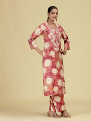Peach Floral Embroidered Kurta with Straight Pants Co-Ord Set
