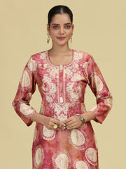 Peach Floral Embroidered Kurta with Straight Pants Co-Ord Set