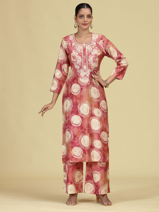 Peach Floral Embroidered Kurta with Straight Pants Co-Ord Set