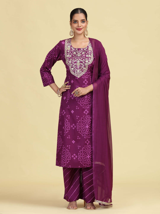 Purple Straight Pure Cotton Embroidered Ethnic Kurta Set